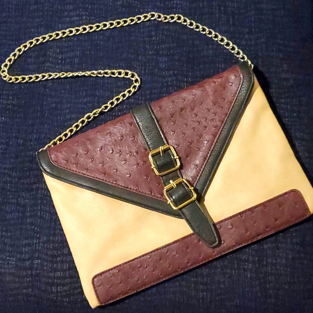 Steve Madden Envelope Brown/Tan Clutch With Gold Chain Strap